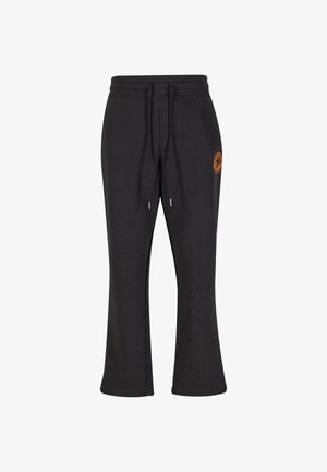 Zwarte sweatpants van zachte stof, met een rechtlijf ontwerp, een trekkoord in de taille en een oranje logo-accent aan de zijkant.