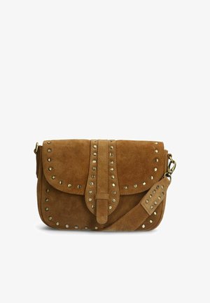 Brown suede shoulder bag with gold studs, flap closure, and adjustable strap. Features a smooth texture and rectangular shape.