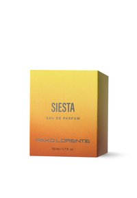 Prostokąt w gradientowych odcieniach żółtego i pomarańczowego z napisem "SIESTA" oraz "PAKO LORENTE" w srebrnym kolorze, z oznaczeniem pojemności 50 ml z przodu.