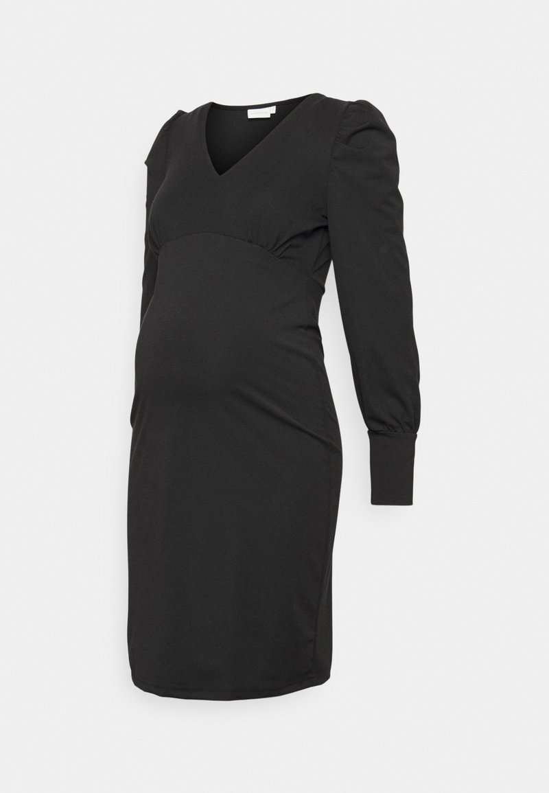Robe de maternité noire avec un décolleté en V, des manches bouffantes et un corsage ajusté. Confectionnée en tissu doux, elle présente un ourlet incurvé.