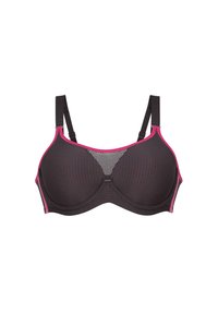 Sort bh med pink detaljer, der har formede skåle med mesh-detaljer, justerbare stropper og en glat overflade.
