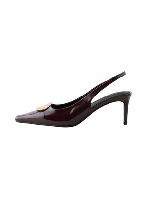 Dark burgundy patent leather slingback pump with pointed toe, mid-height stiletto heel, and gold-tone decorative detail on front.