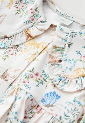 Floral-patterned dress in light fabric with ruffled collar, button closure, featuring multicolored flowers and butterflies in pastel tones.