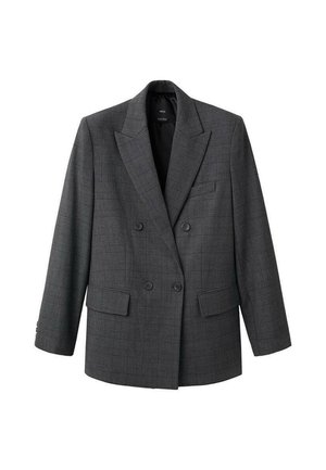 Dunkelgrauer zweireihiger Blazer mit dezentem Karomuster, breiten Revers, vorderen Pattentaschen und Knopfdetails an den Ärmeln.