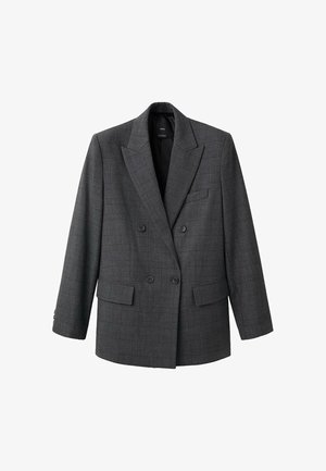 Blazer doppiopetto grigio scuro con motivo a quadri sottile, ampie rever, tasche anteriori con pattina e dettagli con bottoni sulle maniche.