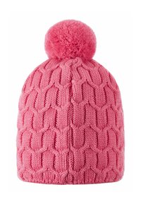 Pink knitted beanie with a textured cable pattern and a fluffy pom-pom on top. The design is rounded, fitting snugly around the head.