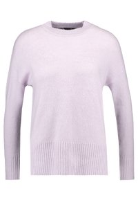 Pull en maille violet clair avec un col rond, un ourlet inférieur côtelé et des manches longues. Texture douce, coupe décontractée, design uni.