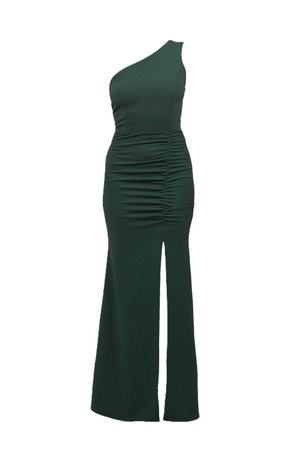 Vestido verde de un solo hombro fabricado en tejido elástico, con fruncido en la cintura y una abertura en el muslo para añadir detalle.