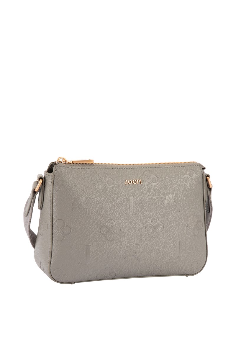 Sac bandoulière JOOP! gris avec motifs floraux embossés et lettre J, fermeture éclair dorée et bandoulière ajustable.
