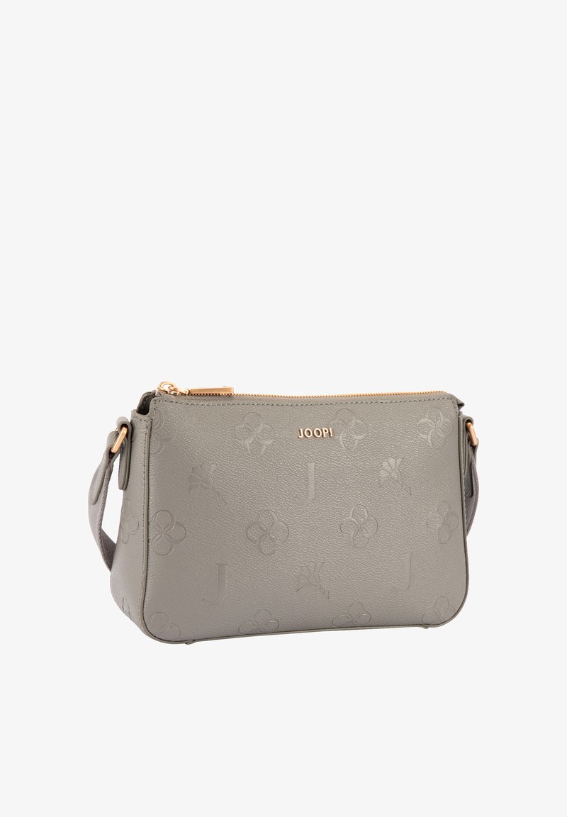 Sac bandoulière JOOP! gris avec motifs floraux embossés et lettre J, fermeture éclair dorée et bandoulière ajustable.