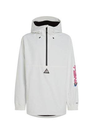 Witte pulloverjack met een zwarte rits en elastische manchetten. Beschikt over een logo op de borst en kleurrijke tekst op de mouw. Lichtgewicht stof.