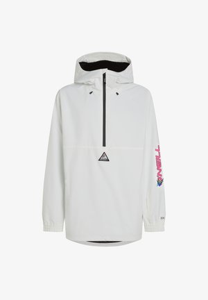 Valge pullover-jakk musta tõmblukuga ja elastsete mansettidega. Rinnal on logo ja käsivarrel värviline tekst. Kerge kangas.