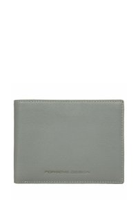 Portafoglio in pelle grigia con una texture liscia, caratterizzato da un logo in rilievo sottile. Design rettangolare semplice con bordi puliti e dettagli di cucitura.