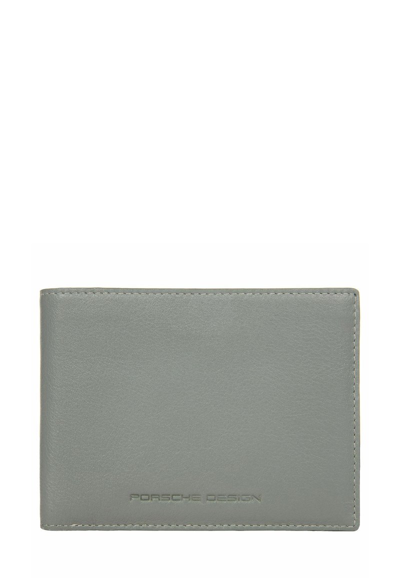Portafoglio in pelle grigia con una texture liscia, caratterizzato da un logo in rilievo sottile. Design rettangolare semplice con bordi puliti e dettagli di cucitura.