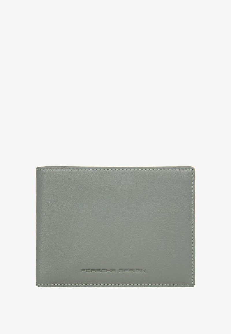 Portafoglio in pelle grigia con una texture liscia, caratterizzato da un logo in rilievo sottile. Design rettangolare semplice con bordi puliti e dettagli di cucitura.