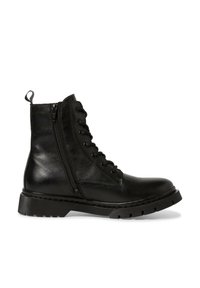 Black leather ankle boot with a round toe, lace-up front, side zipper, and textured rubber sole. Features a pull tab on the back.