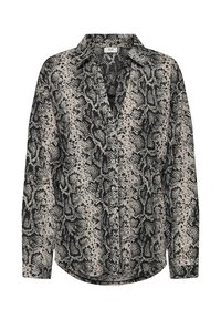 Camisa de manga larga con botones, con estampado de serpiente en negro, gris y beige y cuello puntiagudo.