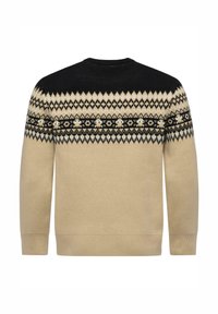 Beige strikket genser med et svart og kremfarget geometrisk mønster over skuldrene og øvre del av ryggen, avsluttet med ribbestrikkede mansjetter og kant.