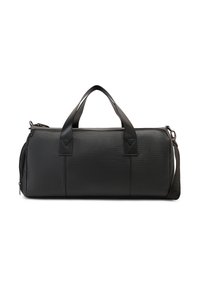 Black duffel bag made of textured material with leather accents. Features rounded handles, a zip closure, and a detachable shoulder strap.