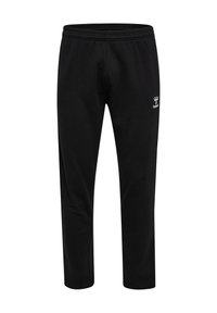 Schwarze Jogginghose aus weichem Material, mit einem elastischen Bund und einem kleinen weißen Logo auf der linken Hüfte. Gerader Beinansatz.
