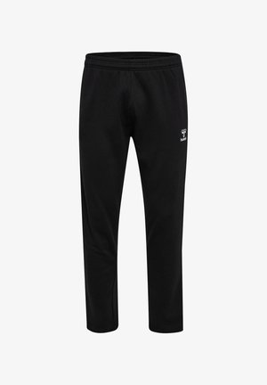 Schwarze Jogginghose aus weichem Material, mit einem elastischen Bund und einem kleinen weißen Logo auf der linken Hüfte. Gerader Beinansatz.