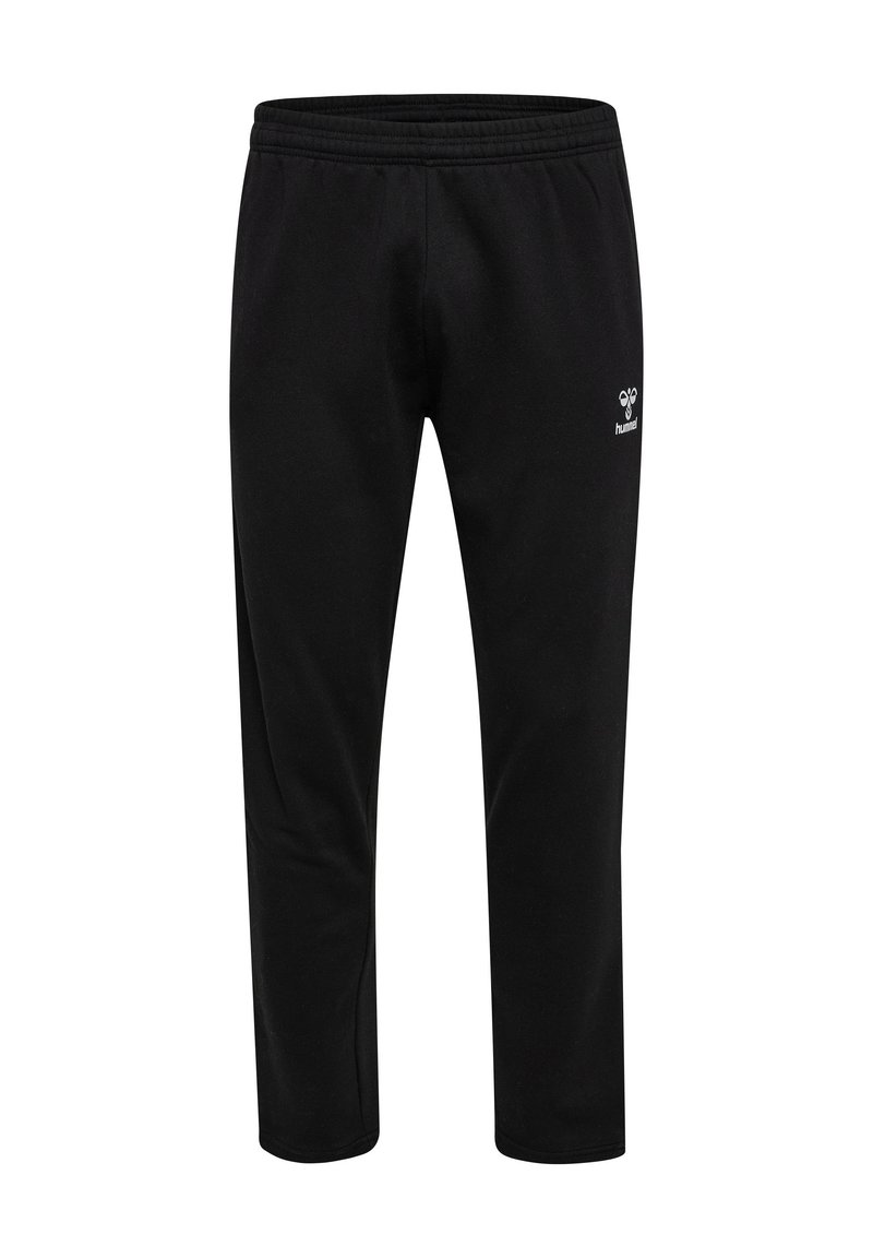 Schwarze Jogginghose aus weichem Material, mit einem elastischen Bund und einem kleinen weißen Logo auf der linken Hüfte. Gerader Beinansatz.