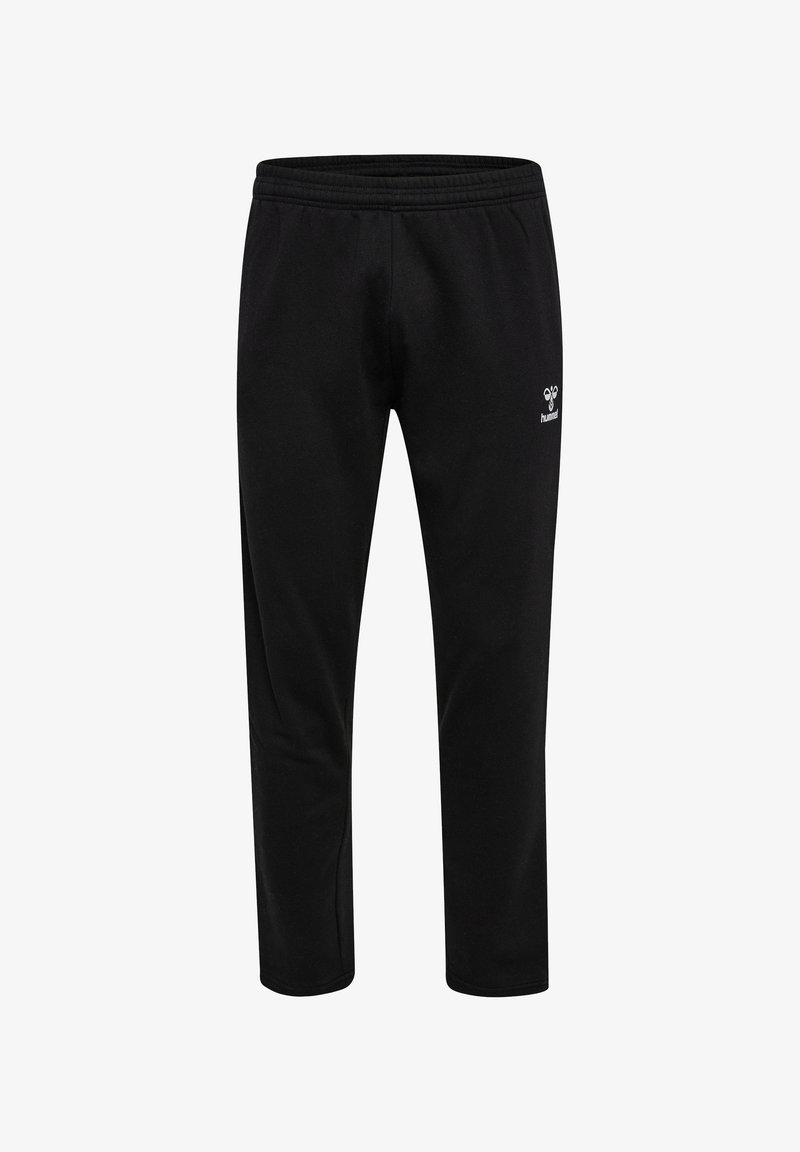 Zwarte sweatpants van zachte stof, met een elastische tailleband en een klein wit logo op de linkse heup. Rechtdel ontwerp.