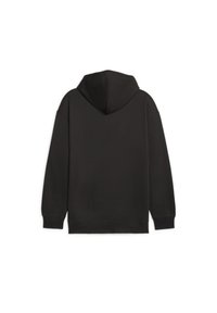 Black hoodie featuring a standard design, hood, long sleeves, and ribbed cuffs. Made from soft fabric with a slight texture and no visible patterns.