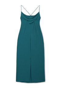 Türkisfarbenes Maxikleid mit dünnen, kreuzförmigen Spaghettiträgern, drapiertem Oberteil, tiefem V-Ausschnitt und einem Schlitz vorne für Bewegungsfreiheit. Weiche Stoffstruktur.