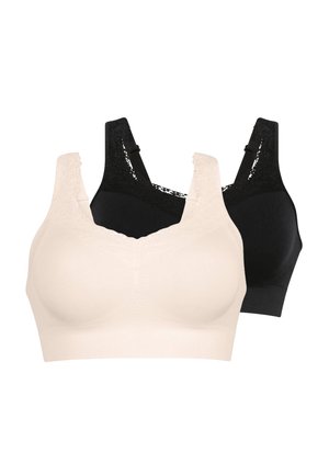 Due reggiseni senza ferretto con rifinitura in pizzo, uno beige davanti e uno nero dietro, su sfondo bianco.