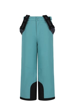 Pantalons de ski turquoise avec accents noirs, bretelles réglables, coupe droite et jambes inférieures renforcées, conçus pour les sports d'hiver.