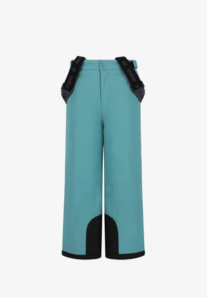 Turquoise skibroek met zwarte accenten, verstelbare bretels, een rechte snit en versterkte onderbenen, ontworpen voor wintersport.