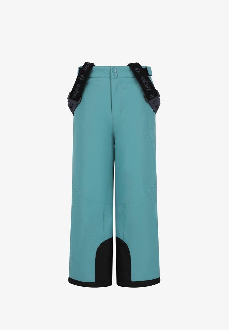 Turquoise skibroek met zwarte accenten, verstelbare bretels, een rechte snit en versterkte onderbenen, ontworpen voor wintersport.