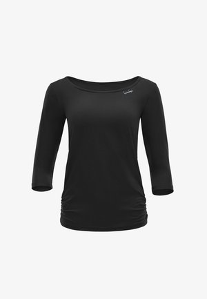 Čierne tričko s tromi štvrťovými rukávmi pre ženy, s výstrihom do U a miernym riasením na boku, malé biele logo pri ľavom ramene.