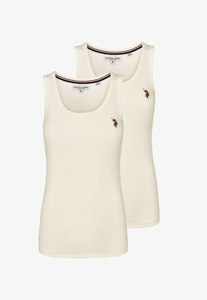Două tricouri fără mâneci de culoare crem, cu logo-ul U.S. Polo Assn. pe piept, mărimea medie, și margine în dungi la guler.