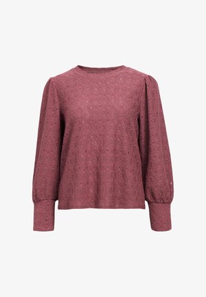 Pitkähihainen pitsipaita pölyisen ruusun värissä, jossa on kohokuvioitu timanttikuosi, pyöreä pääntie ja kerätyt pönkkähihat. Pehmeä, kevyt kangas.