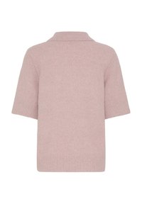 Sweter na krótki rękaw w jasnoróżowym kolorze, wykonany z dzianiny, z kołnierzykiem i ściągaczem. Miękka faktura, casualowy krój i luźny fason.