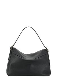 Borsa a tracolla in pelle nera con forma curvata, superficie testurizzata e una sola tracolla. Presenta un pannello superiore liscio e dettagli in metallo.