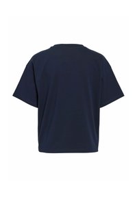 Tmavě modré tričko s krátkými rukávy, vyrobené z měkké bavlny, s volným střihem a kulatým výstřihem, bez viditelných grafik nebo log.