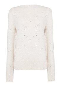 Pull en maille crème à manches longues avec de discrètes paillettes argentées réparties sur toute la surface, présentant un ourlet et un col côtelés.