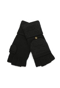 Zwarte vingervrije handschoenen gemaakt van een gestructureerd breimateriaal. Voorzien van een omgeslagen manchet met een gouden knoopaccent en een patroonontwerp aan de achterkant.