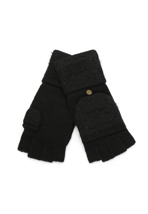 Mustat sormettomat hanskat, jotka on valmistettu teksturoidusta neulontakankaasta. Niissä on taitettava rannemerkki, johon on lisätty kultainen nappi, sekä kuviollinen design takana.