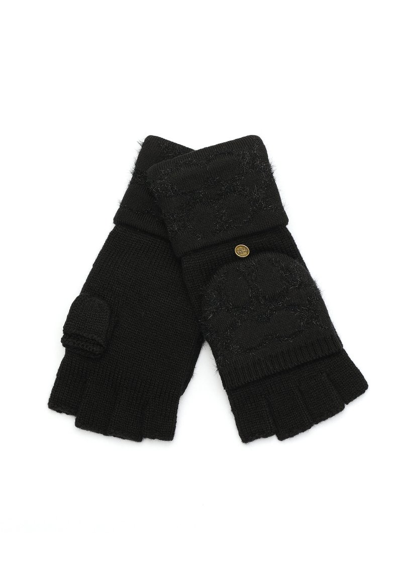 Zwarte vingervrije handschoenen gemaakt van een gestructureerd breimateriaal. Voorzien van een omgeslagen manchet met een gouden knoopaccent en een patroonontwerp aan de achterkant.