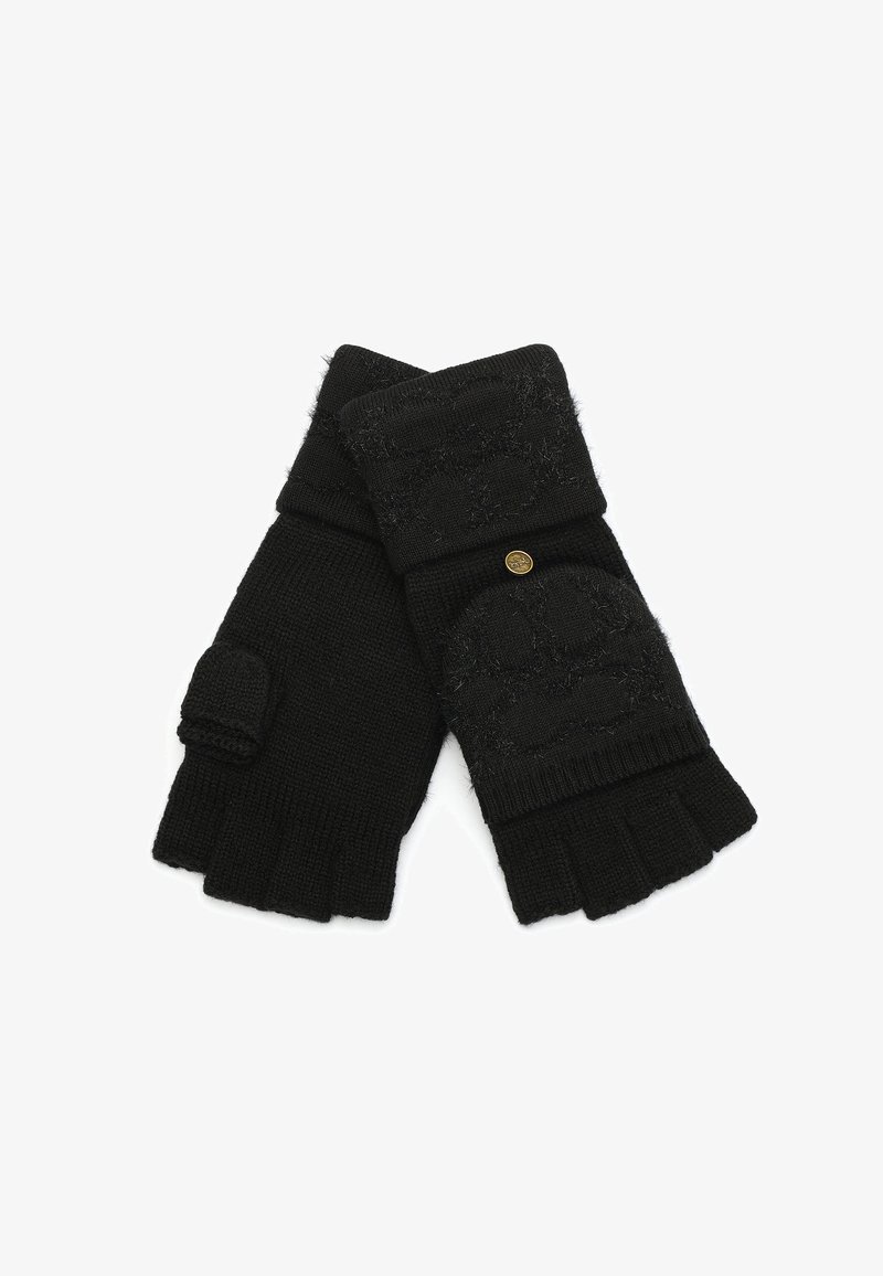 Zwarte vingervrije handschoenen gemaakt van een gestructureerd breimateriaal. Voorzien van een omgeslagen manchet met een gouden knoopaccent en een patroonontwerp aan de achterkant.