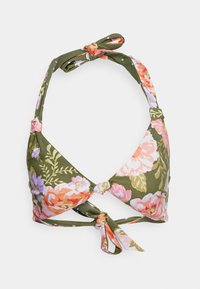 Top de biquíni floral com fundo verde, apresentando flores rosas e roxas. Amarrações no pescoço e nas costas. Tecido suave e texturizado.