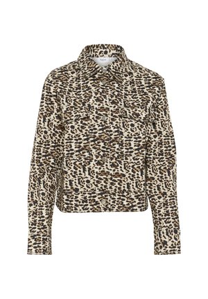 Jachetă cu imprimeu leopard în nuanțe de bej și negru, cu guler, închidere cu butoane, două buzunare la piept și mâneci lungi cu manșete cu butoane.