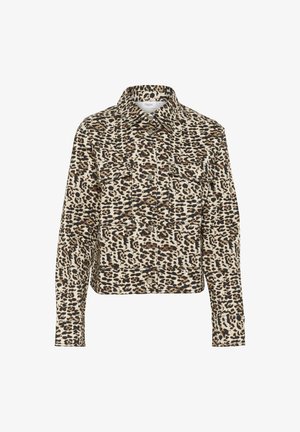 Beige ja musta leopardimustriline jakk, millel on krae, nööbid, kaks rinnataskut ja pikad varrukad, millel on nööpidega mansetid.