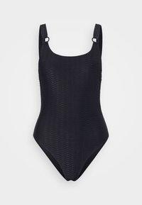 Maillot de bain une pièce noir avec un motif en diamant texturé, larges bretelles et un décolleté plongeant.