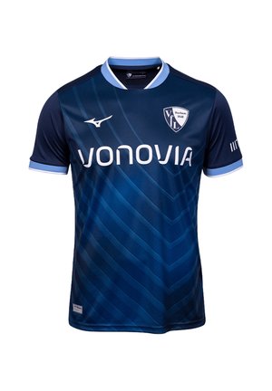 Dunkelblaues Fußballtrikot mit hellblauem Kragen und Ärmelsäumen, Sponsortext "vonovia" und VfL Bochum 1848 Teamlogo auf der Brust.
