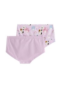 Sæt med to boyshorts trusser: den ene ensfarvet lavendel, den anden med pastelfarvede dyreprint på en lyserød baggrund. Blødt, strækbart stof.